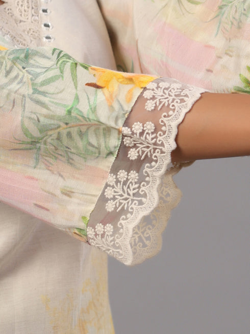Cream Botanical Print Kurti Set