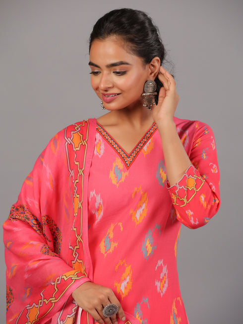 Pink Digital Print Kurti Set With Neck Embroidered