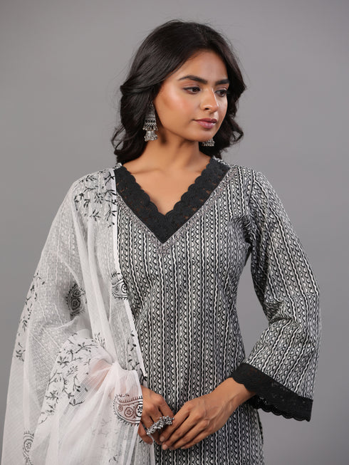 Black Stripped Print Kurti Set