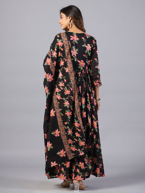 Amchoor Black Floral Printed Long Kurti Set