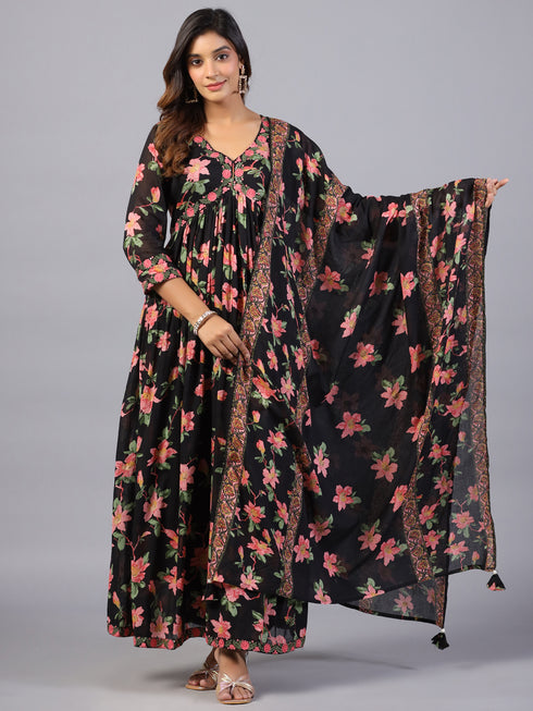Amchoor Black Floral Printed Long Kurti Set