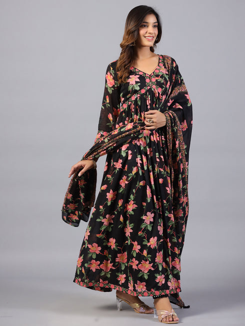 Amchoor Black Floral Printed Long Kurti Set