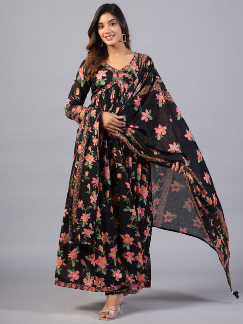 Amchoor Black Floral Printed Long Kurti Set