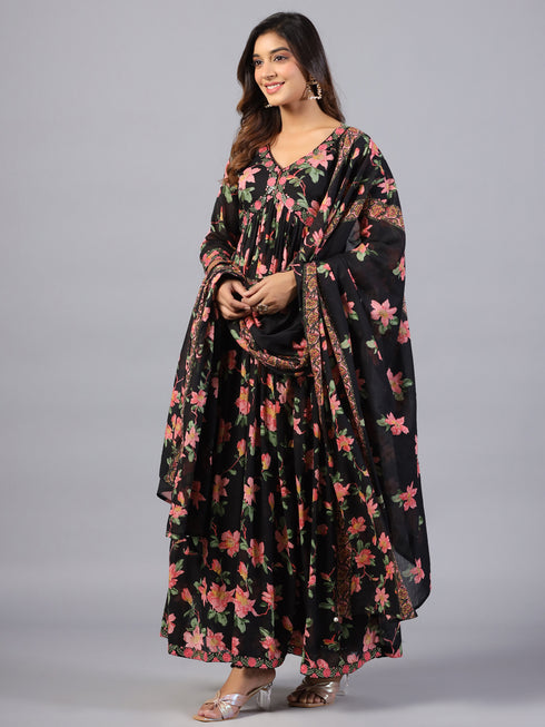 Amchoor Black Floral Printed Long Kurti Set