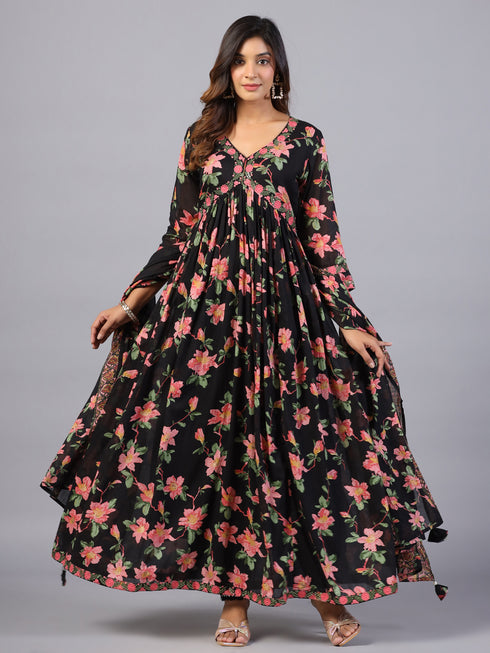Amchoor Black Floral Printed Long Kurti Set