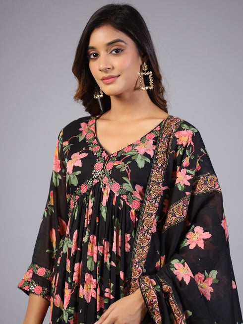 Amchoor Black Floral Printed Long Kurti Set