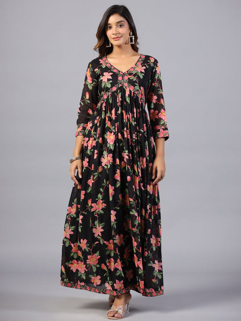 Amchoor Black Floral Printed Long Kurti Set