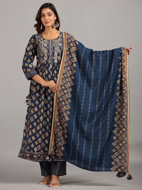Amchoor Blue Embroidered Printed Kurti Sets