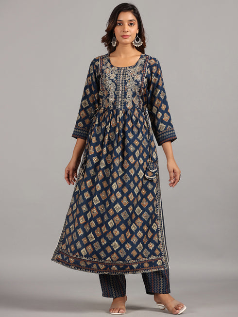 Amchoor Blue Embroidered Printed Kurti Sets