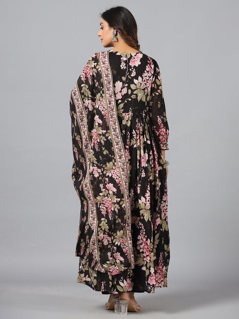 Amchoor Black Floral Print Kurti Sets