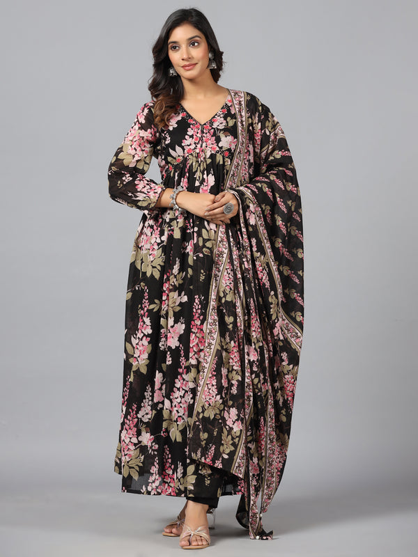 Amchoor Black Floral Print Kurti Sets