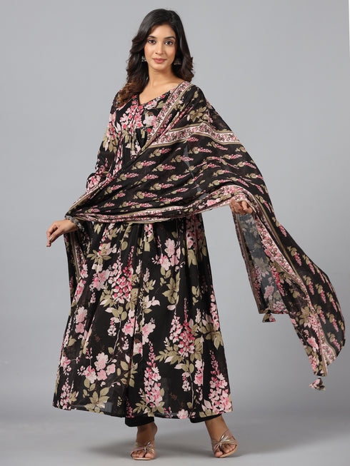 Amchoor Black Floral Print Kurti Sets