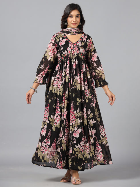 Amchoor Black Floral Print Kurti Sets