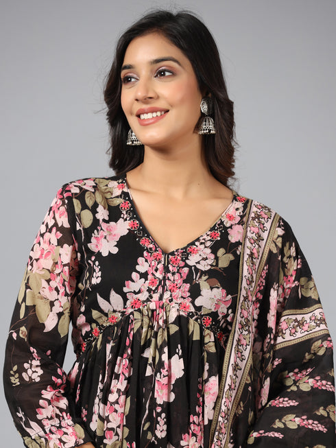 Amchoor Black Floral Print Kurti Sets