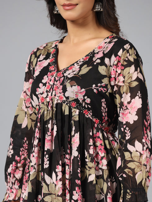 Amchoor Black Floral Print Kurti Sets