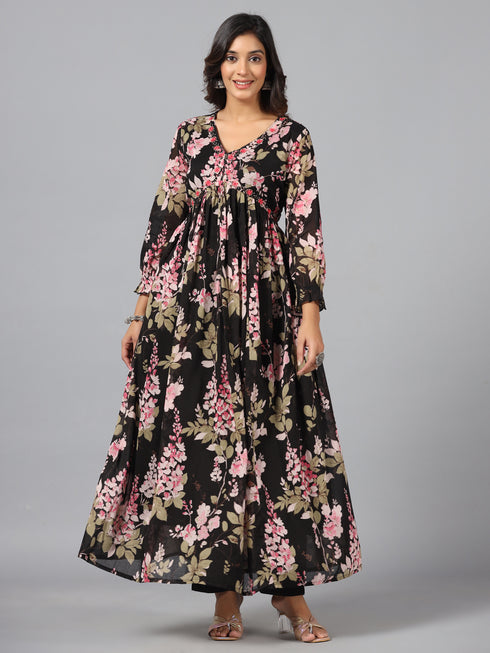 Amchoor Black Floral Print Kurti Sets