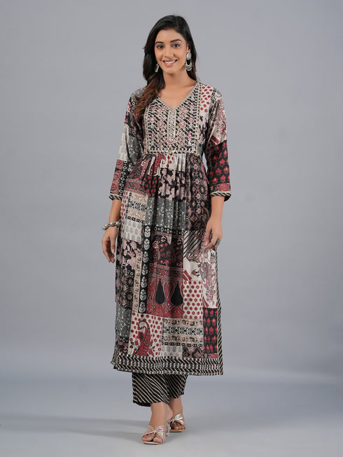 Amchoor Black Abstract Printed Kurti Set with Dupatta