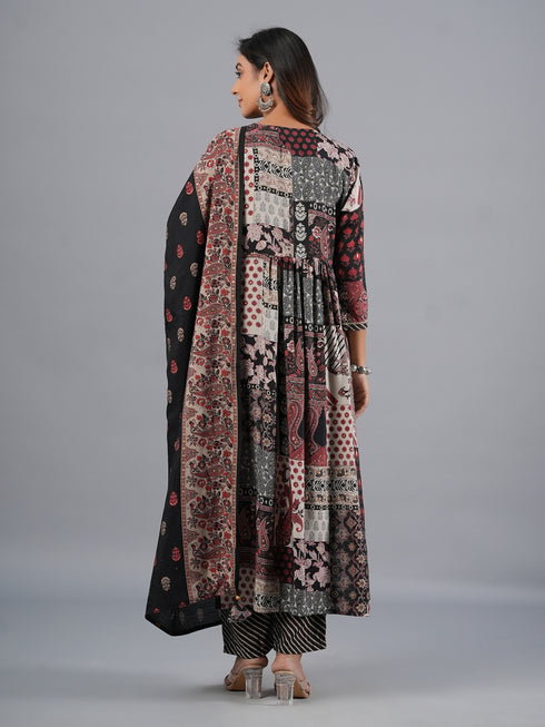 Amchoor Black Abstract Printed Kurti Set with Dupatta