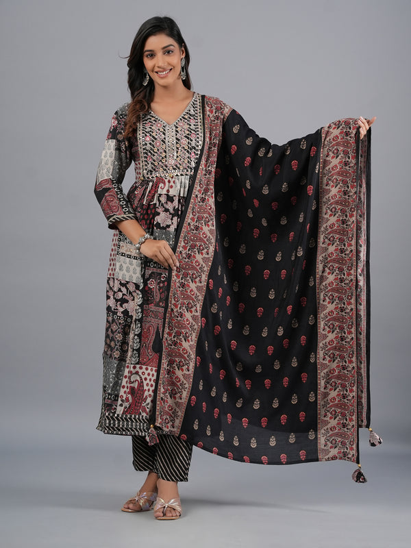 Amchoor Black Abstract Printed Kurti Set with Dupatta