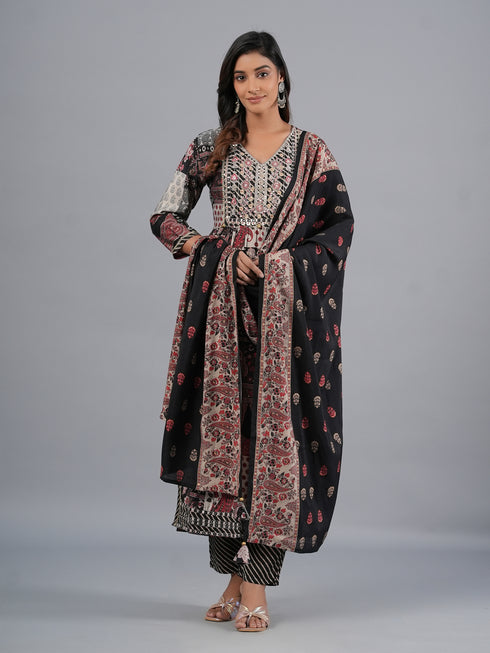 Amchoor Black Abstract Printed Kurti Set with Dupatta