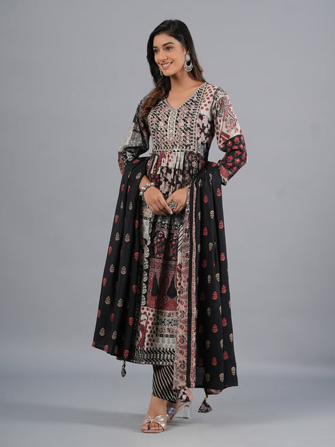Amchoor Black Abstract Printed Kurti Set with Dupatta