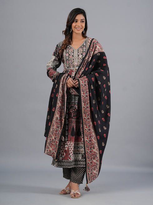 Amchoor Black Abstract Printed Kurti Set with Dupatta