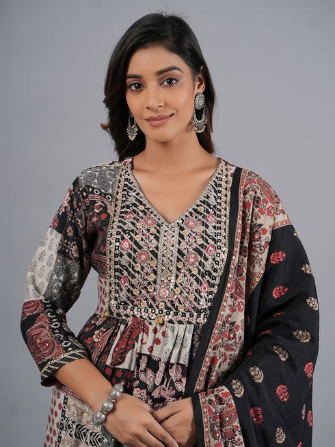 Amchoor Black Abstract Printed Kurti Set with Dupatta