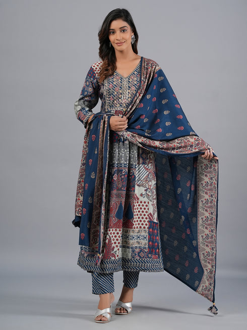 Amchoor Blue Traditional Printed Kurti Set with Dupatta