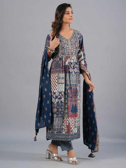 Amchoor Blue Traditional Printed Kurti Set with Dupatta