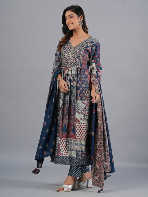 Amchoor Blue Traditional Printed Kurti Set with Dupatta