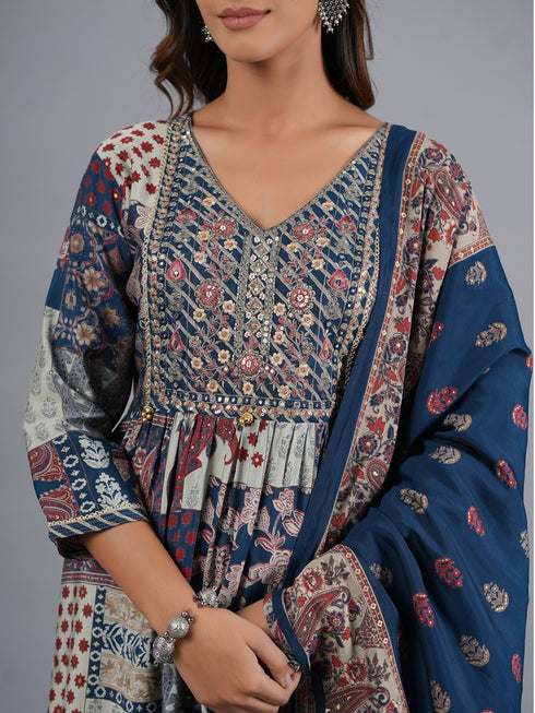 Amchoor Blue Traditional Printed Kurti Set with Dupatta