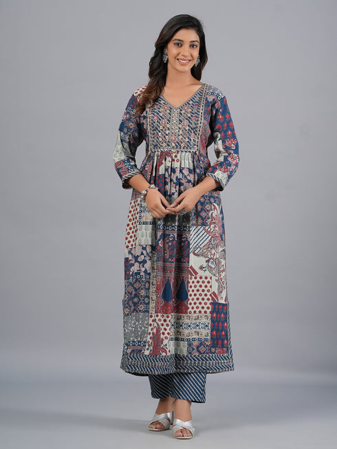 Amchoor Blue Traditional Printed Kurti Set with Dupatta