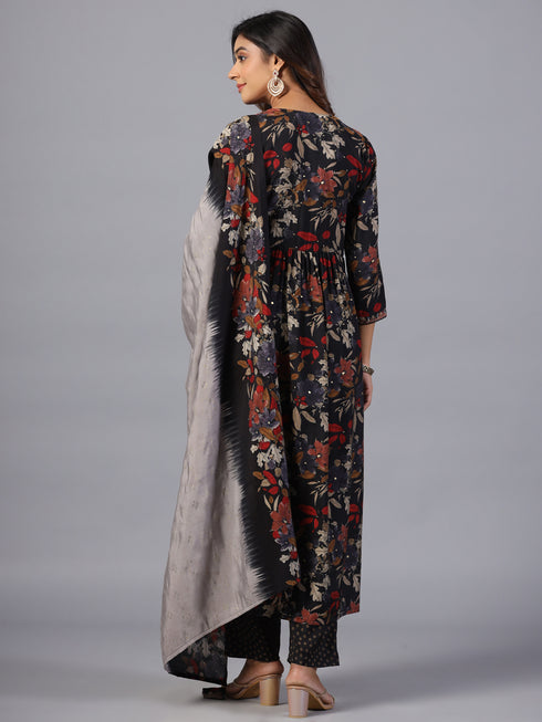 Amchoor Black Embroidered Printed Kurti Set