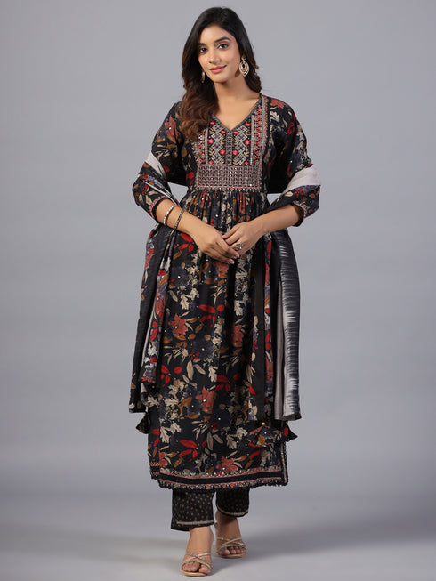 Amchoor Black Embroidered Printed Kurti Set