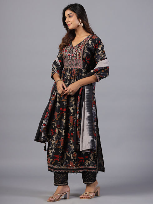 Amchoor Black Embroidered Printed Kurti Set