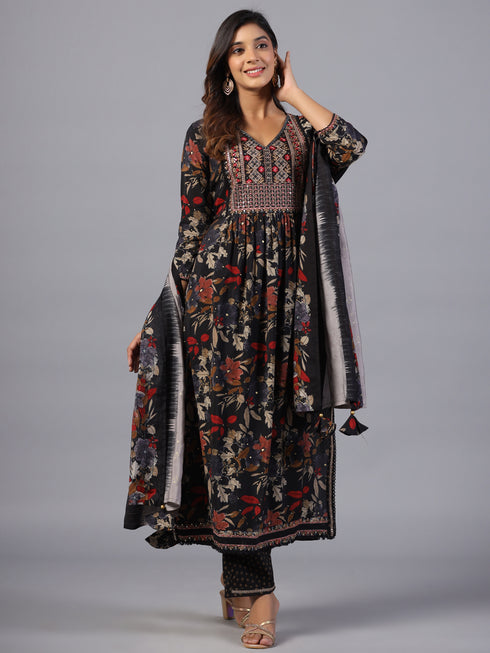 Amchoor Black Embroidered Printed Kurti Set