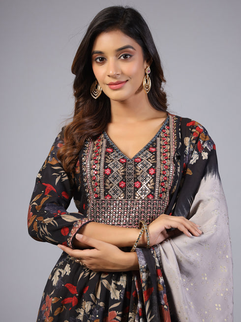 Amchoor Black Embroidered Printed Kurti Set