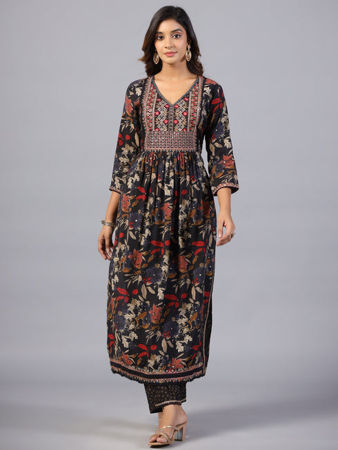 Amchoor Black Embroidered Printed Kurti Set