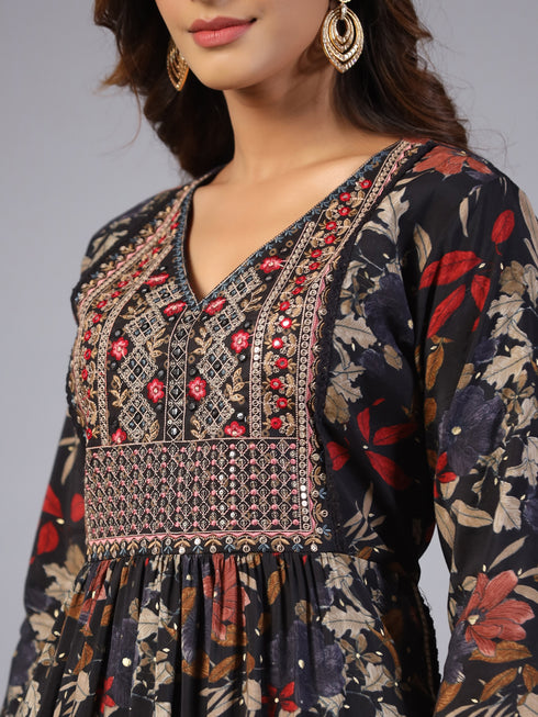 Amchoor Black Embroidered Printed Kurti Set