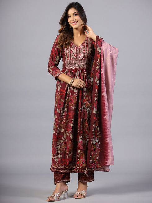 Amchoor-Wine-Embroidered-Printed-Kurti-Set