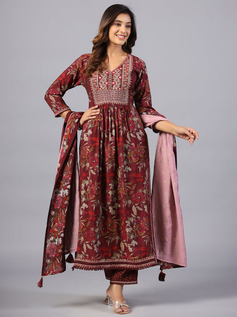 Amchoor-Wine-Embroidered-Printed-Kurti-Set