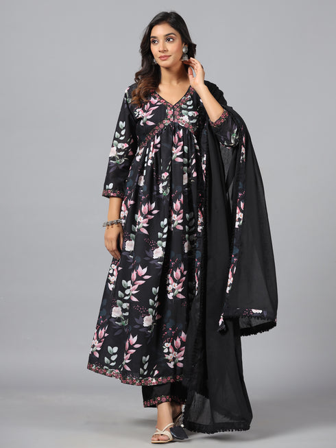 Amchoor Black Floral Print Kurti Set