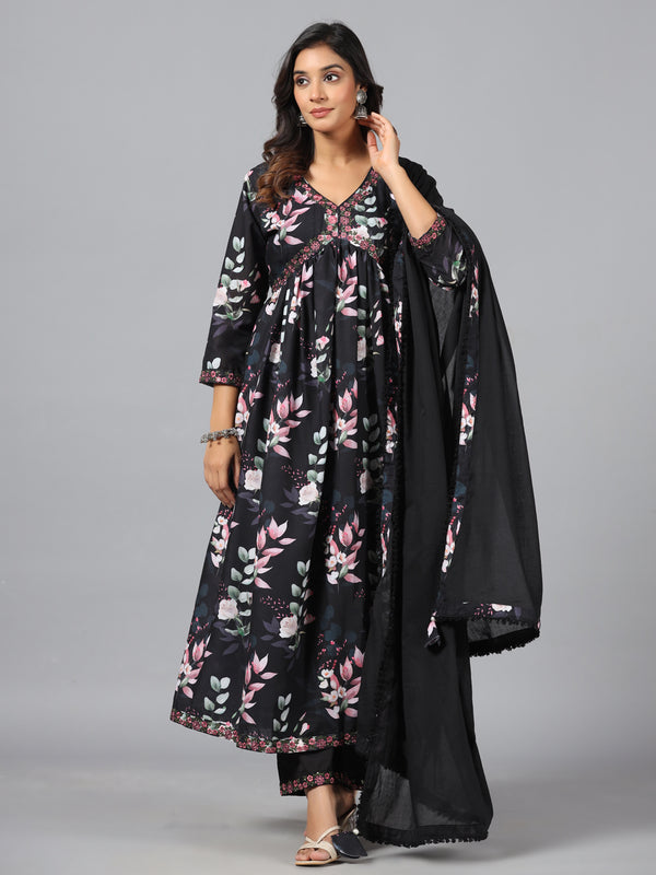 Amchoor Black Floral Print Kurti Set