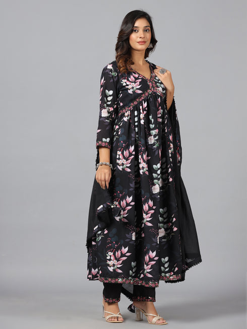 Amchoor Black Floral Print Kurti Set