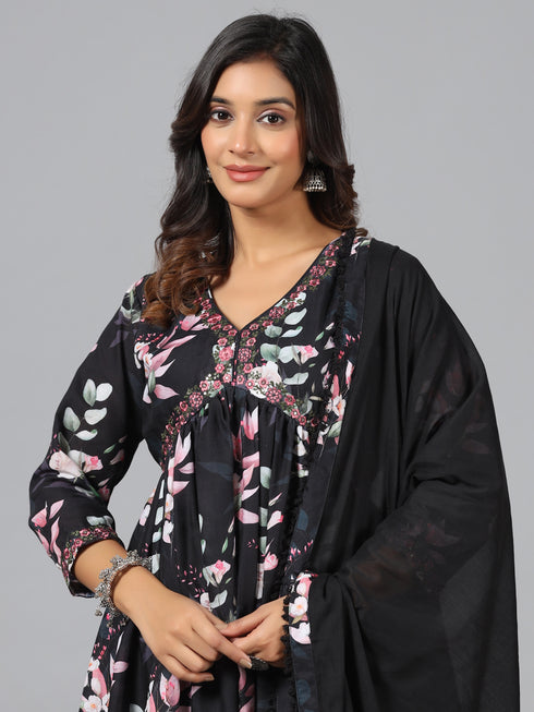 Amchoor Black Floral Print Kurti Set