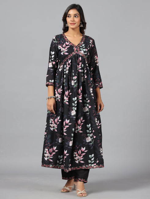 Amchoor Black Floral Print Kurti Set