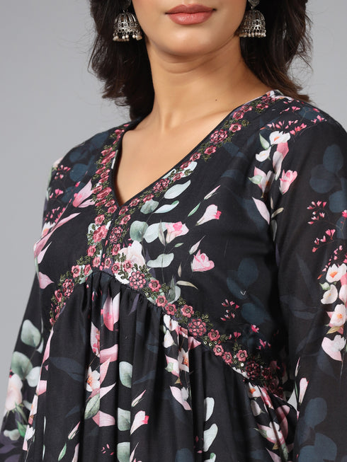 Amchoor Black Floral Print Kurti Set