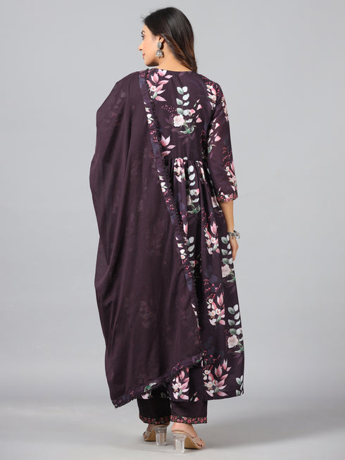 Amchoor Wine Floral Print kurti-set