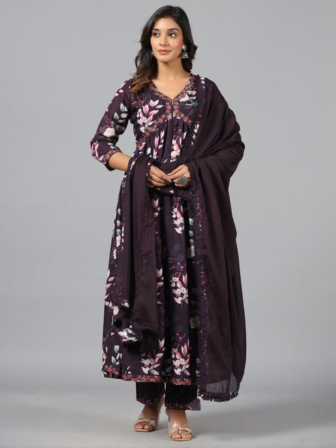 Amchoor Wine Floral Print kurti-set