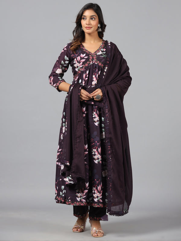 Amchoor Wine Floral Print kurti-set